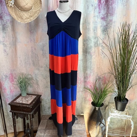 📌Enfocus  Block Stripes Sleeveless Plus Size Maxi Dress - Picture 11 of 14